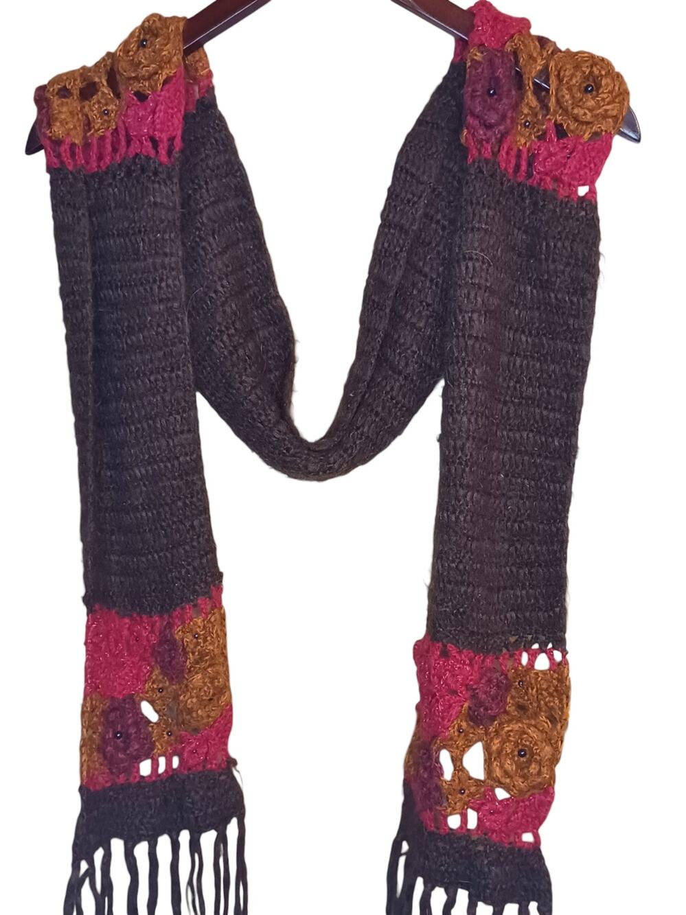 Women's Brown Floral Crochet Scarf 6 Ft